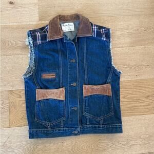 Reborn Process - Sleeveless Denim Lumberjack Vest in Blue & brown